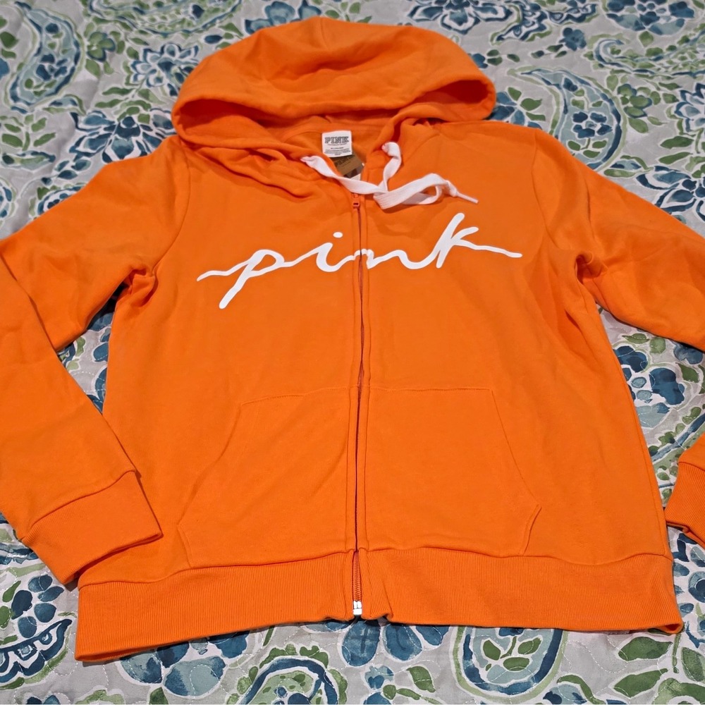 PINK Victoria's Secret Orange Logo Fleece Full Zip Hoodie Pockets Women M